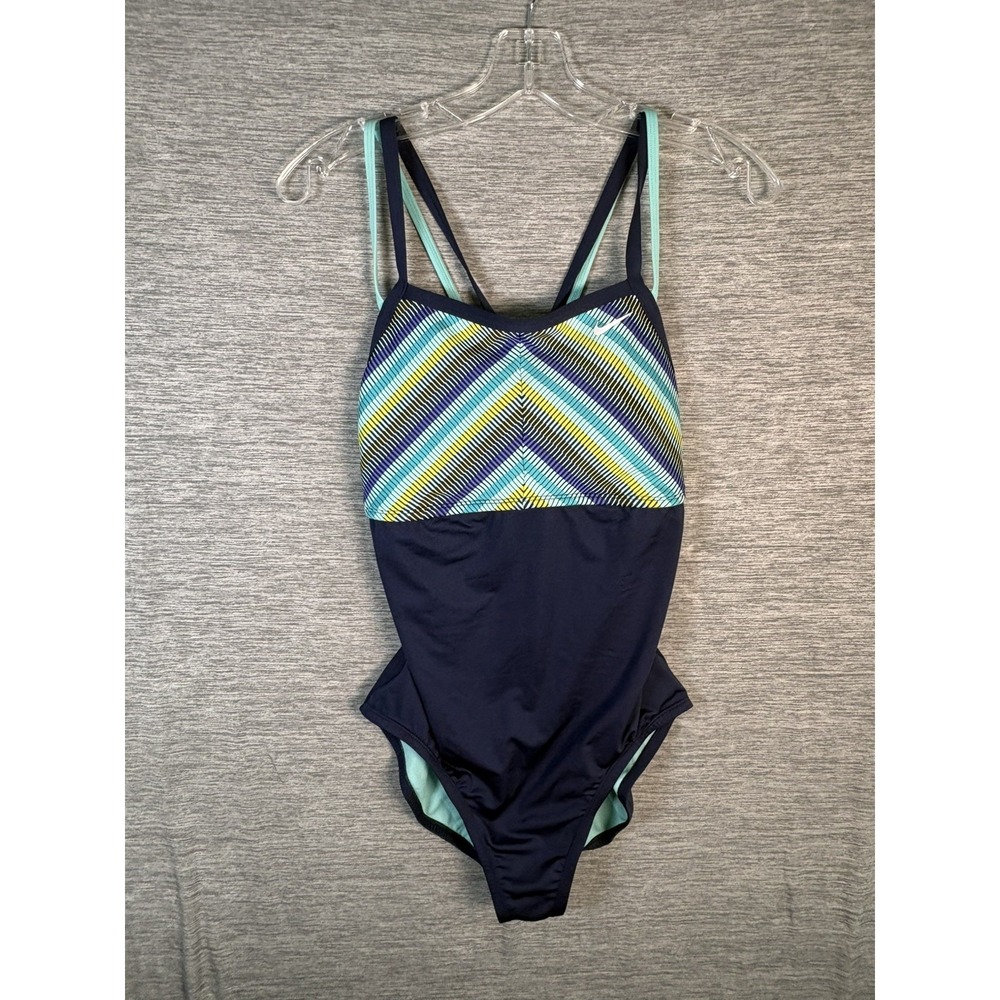 Nike Swim Texture Stripe Double Cross-Back One-Piece Blue Women's Swimsuit Large